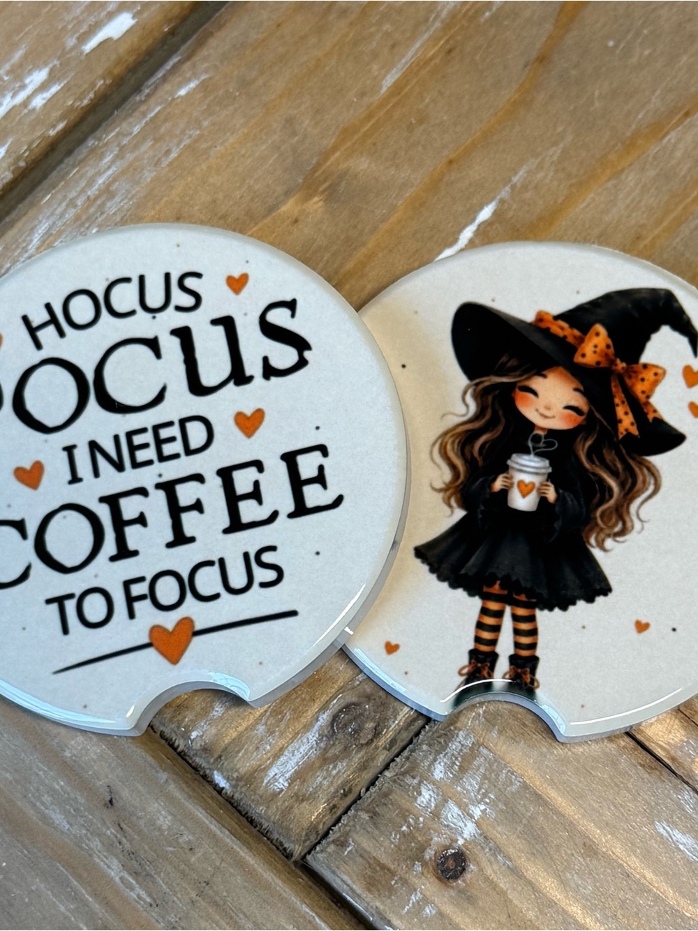 Hocus Pocus I Need Coffee Ceramic Car Coaster - Cute Witch Design - 2 pack
